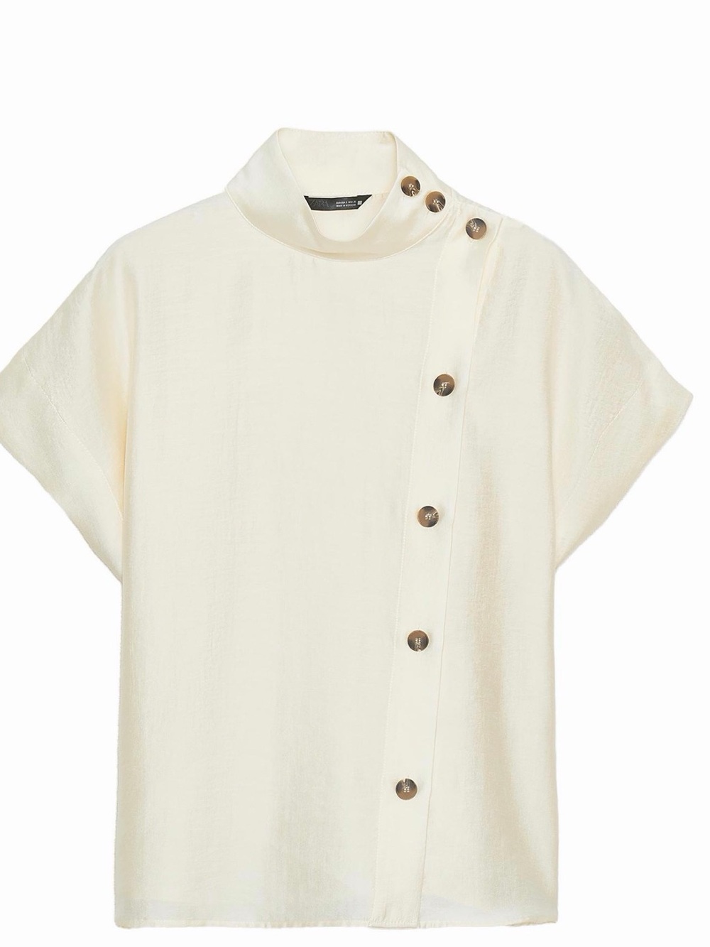 Zara Cream Mock Neck Short Sleeve Top with Asymmetrical Button Placket